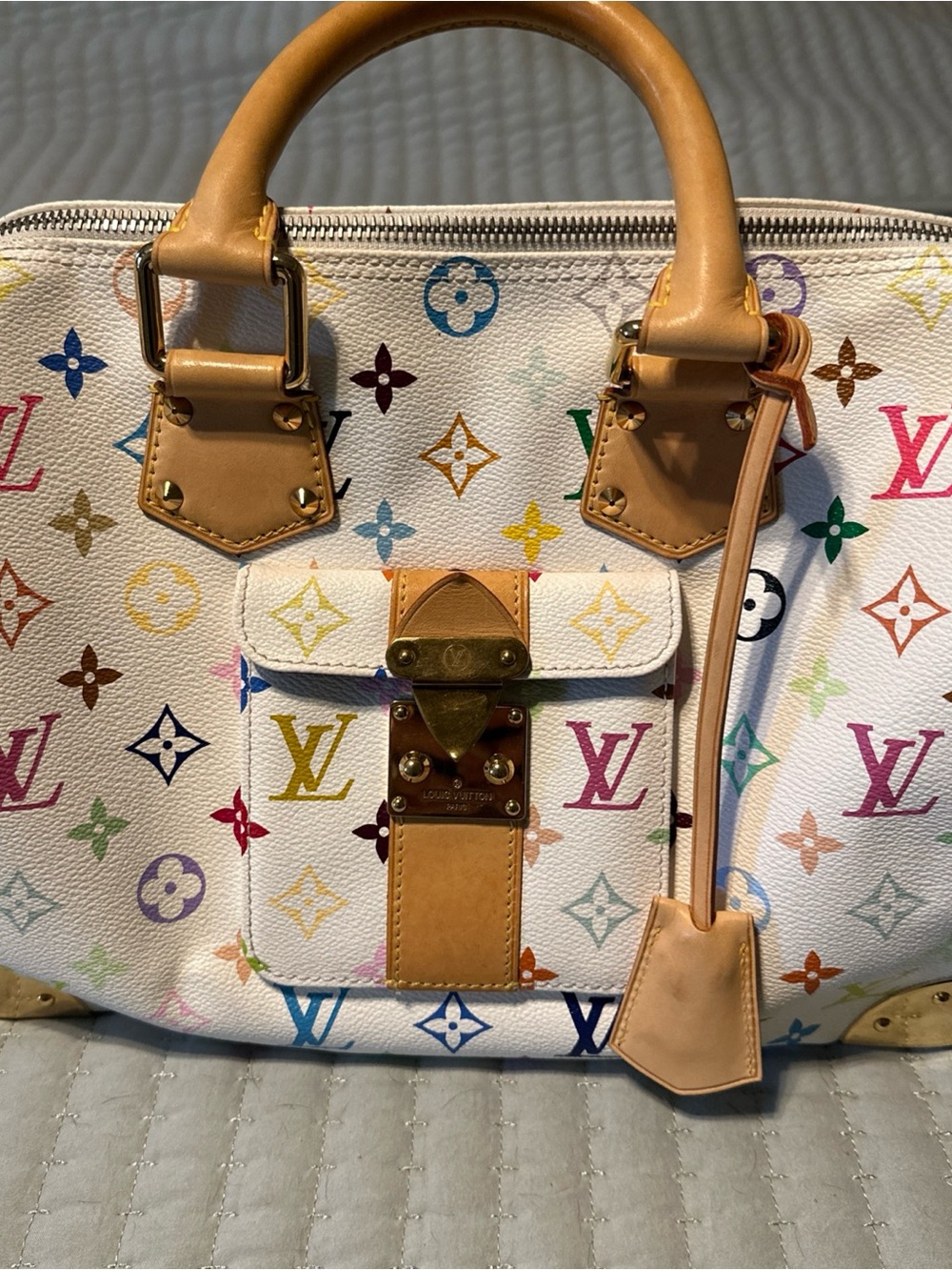 Louis Vuitton White Multicolor Monogram Speedy 30 with Tan Trim